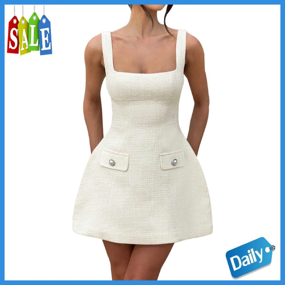 Sleeveless Square Neck Backless Mini Dress Adjustable Straps Tweed